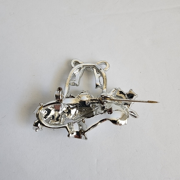 Vintage Rhinestone Flower Basket Brooch Silver Tone Easter Spring Pin 60s - Picture 5 of 6